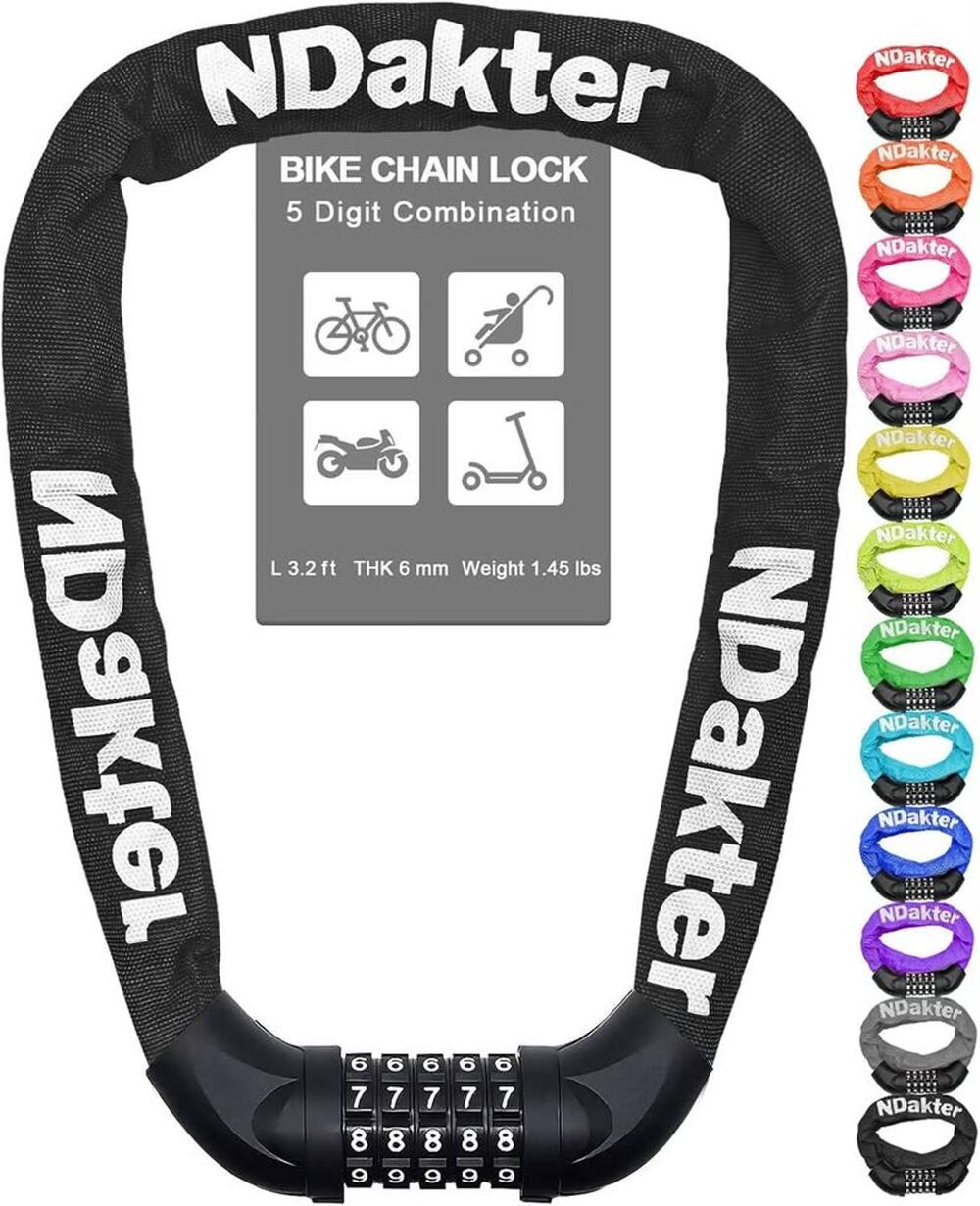 NDakter Bike Chain Lock, 5 Digit Combination Heavy Duty Anti Theft Bicycle-Black